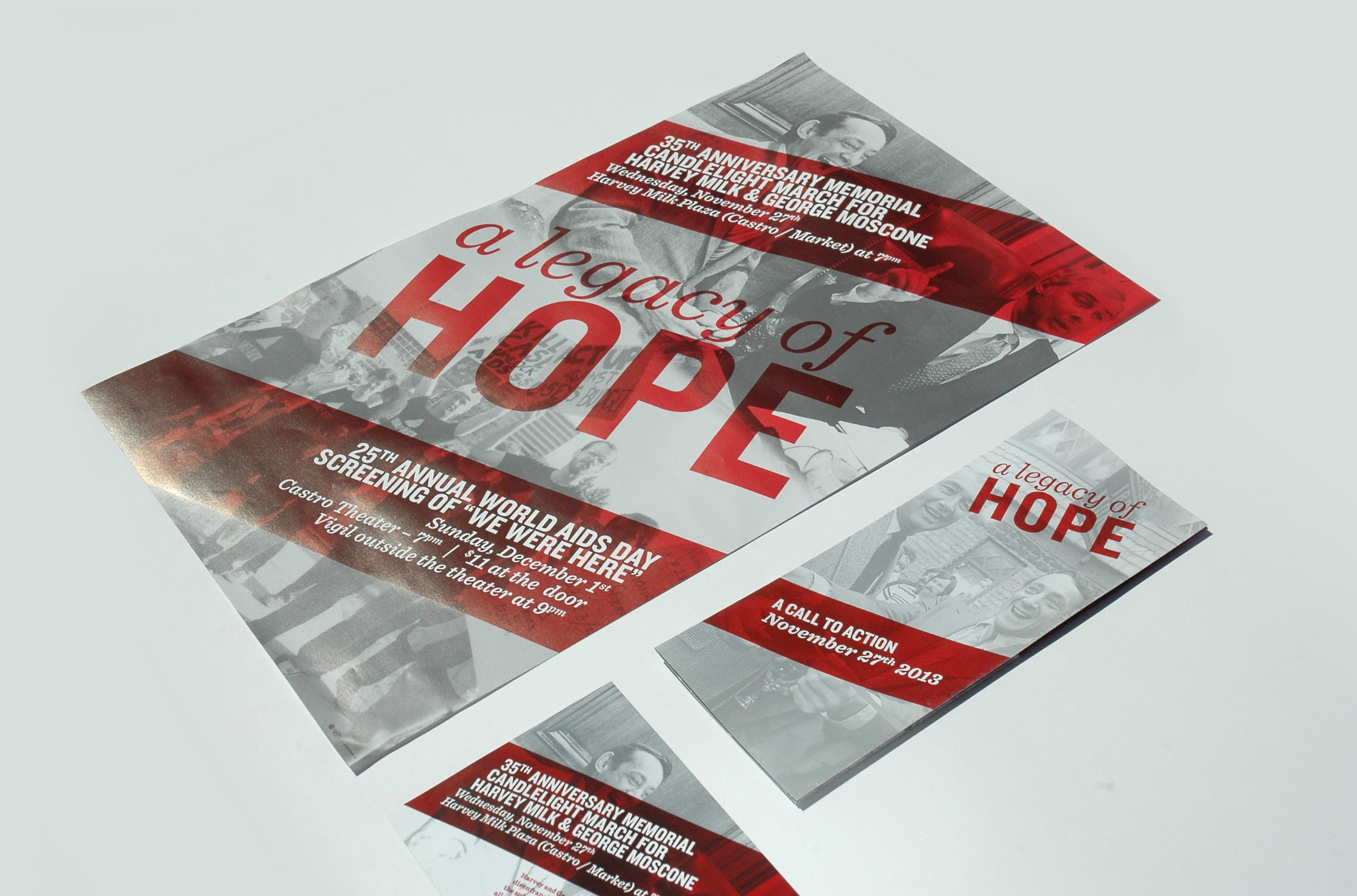 Print collateral for the 35th Anniversary Memorial March for Harvey Milk and George Moscone.
