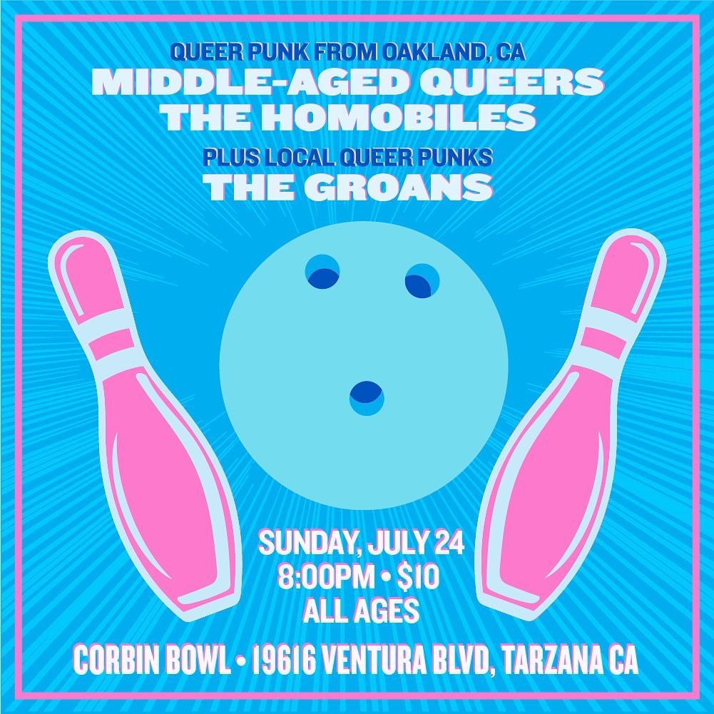 Poster artwork done to promote upcoming concerts for the Oakland-based LGBTQ+ rock band Middle-Aged Queers.